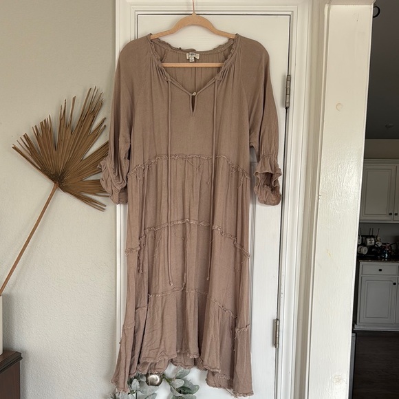 Umgee Dresses & Skirts - Umgee Brown Tiered Ruffled Sundress with Bishop Sleeves